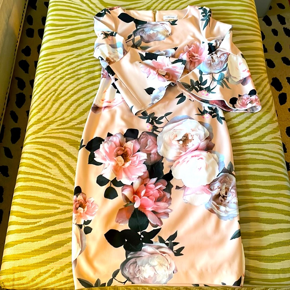 Calvin Klein pink floral sheath dress with tulip sleeves; size 6; worn once